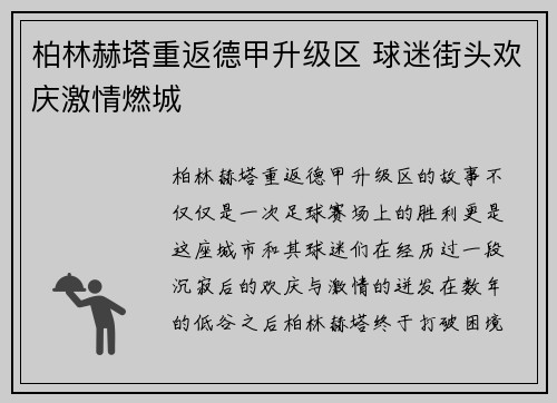柏林赫塔重返德甲升级区 球迷街头欢庆激情燃城